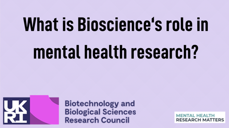 Lilac background with black text reading ' what is bioscience's role in mental health research?'