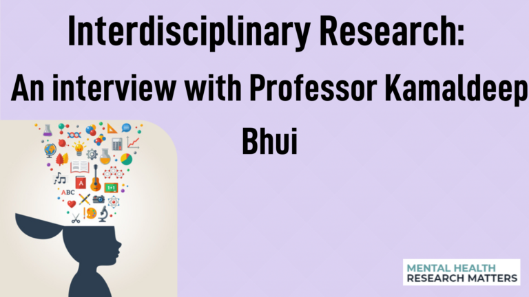 Lilac background with black test reading 'Interdisciplinary Research: An interview with Professor Kamaldeep Bhui